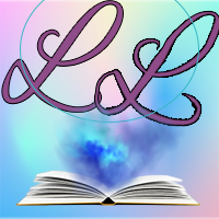 Initials L L in purple with multi-coloured background in pastels. Book open on the bottom opened up with blue clouds. 